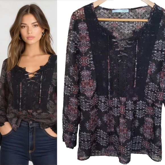 Black Floral Lace up Boho Tunic Top with lace up front - Picture 1 of 14